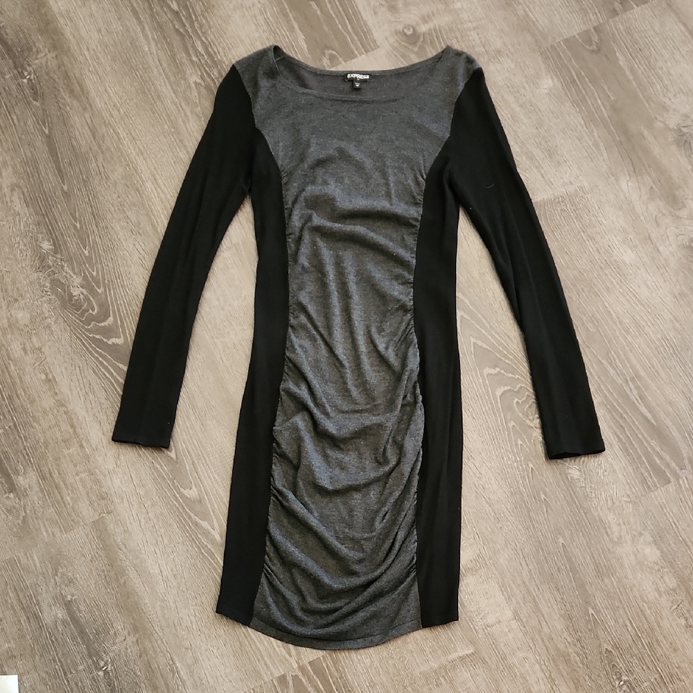 Express - Black and Gray Ruched Bodycon Sweater Dress with Long Sleeves